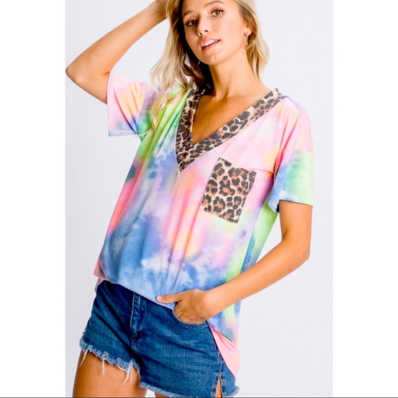 New! Tie Dye And Animal Print Contrast Top - Picture 6 of 8